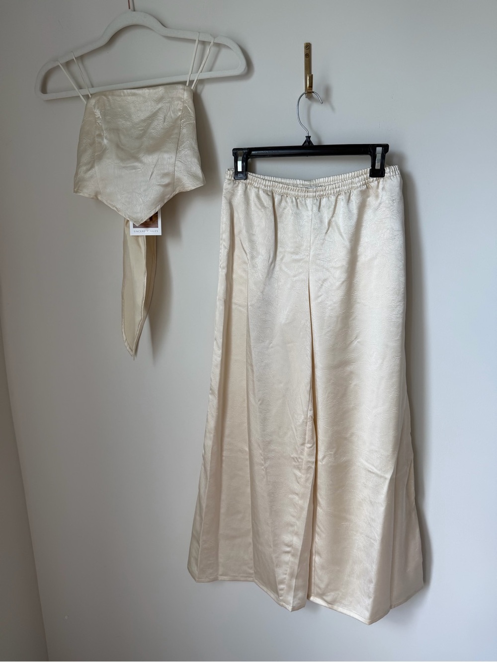 Sincerely Jules Cream Satin Wide-Leg Pant strapless top two piece set